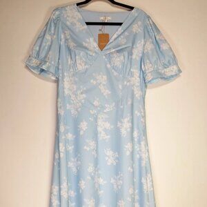 Rihoas Size XL Blue White Floral Short Sleeve V-Neck Side Zip Maxi Dress NWT